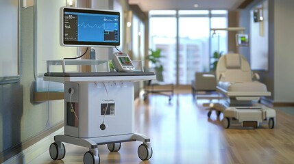 Depict a telehealth provider's telemedicine cart equipped with medical devices for remote examinations and consultations, - obrazy, fototapety, plakaty