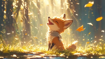 Fototapeta premium A cute fox is playing in the forest, surrounded falling leaves and sunlight filtering through trees. 