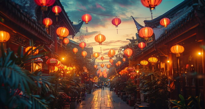 Lantern-Lined Street Illuminated by Lanterns.