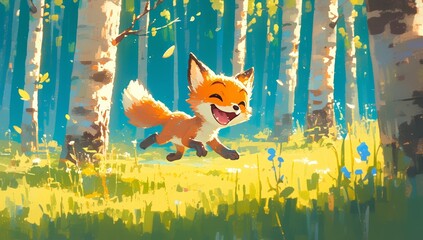 Fototapeta premium A cute fox is running through the forest, surrounded by sunlight filtering through trees. The fox is smiling with its tongue out as it plays in the splendor of spring. 