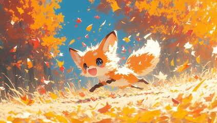 A cute fox playfully chasing leaves in the park, bathed in the style of golden sunlight - obrazy, fototapety, plakaty