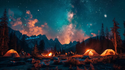 Tents Grouped in Forest Under Night Sky - obrazy, fototapety, plakaty