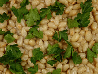 Freshly cooked white bean stew sprinkling with fresh parsley, background
