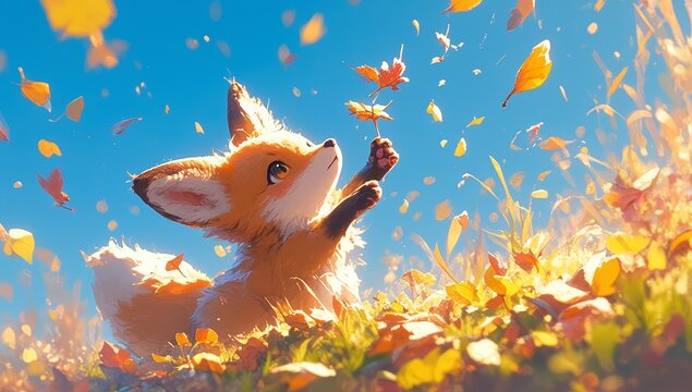 A cute fox playfully chasing leaves in the park, bathed in the style of golden sunlight