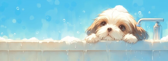 A cute happy Shih Tzu puppy sitting in the bathtub filled with soap suds - obrazy, fototapety, plakaty