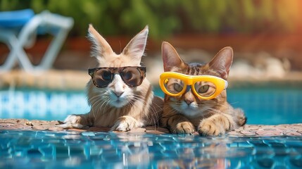 cute bunny rabbit and cat lying by the pool for summer in googles - obrazy, fototapety, plakaty