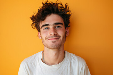 Fototapeta premium A young man with curly hair is smiling in front of an orange wall