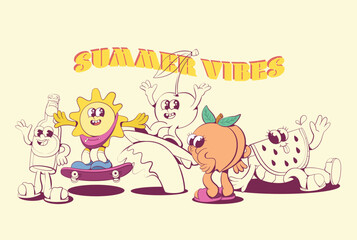 Retro groovy summer mascot characters