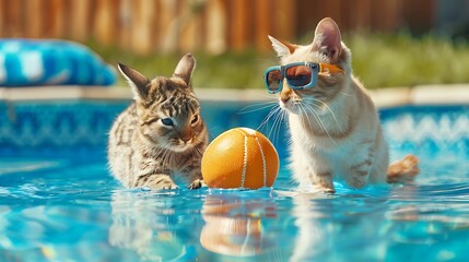 cute bunny rabbit and cat playing a football by the pool for summer in googles - obrazy, fototapety, plakaty