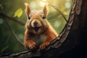 Naklejka premium Furry Curious squirrel branch nut. Tree animal. Generate Ai