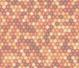 Geometric background. Orange color tones gradients. Bold rounded stacked hexagon cells. Hexagon geometric shapes. Seamless pattern. Tileable vector illustration.