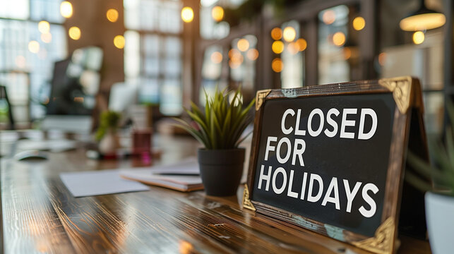 Business closed for vacation. Blackboard with the text "Closed for holidays" on the table of a work, office or business.