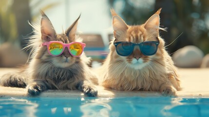 cute bunny rabbit and cat sitting together by the pool for summer in googles - obrazy, fototapety, plakaty