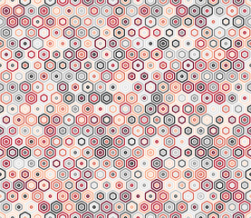 Pattern of geometric shapes. Bold rounded stacked hexagon cells. Hexagon geometric shapes. Multiple tones color palette. Seamless pattern. Tileable vector illustration.