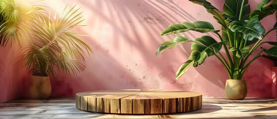 Tropical Showcase: Wooden Display with Lush Palms & Pink Hue. Concept Tropical Display, Wooden Showcase, Lush Palms, Pink Hue, Beach Vibes - obrazy, fototapety, plakaty