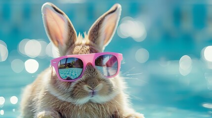 cute bunny rabbit by the pool for summer in googles - obrazy, fototapety, plakaty