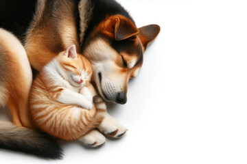 A cat and dog sleeping curled up together isolated on white background