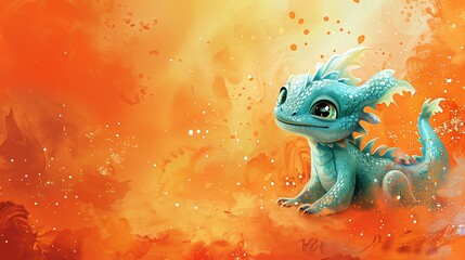 Graphic of a baby dragon, soft teal with sparkly silver details, curling smoke puffs, set on a comicstyle explosion background in bright orange