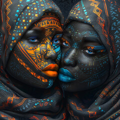 two african women with orange lipstick - obrazy, fototapety, plakaty