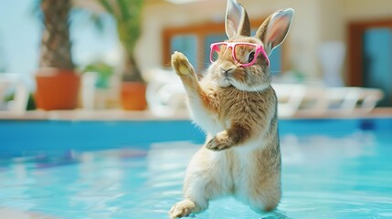 cute bunny rabbit dancing by the pool for summer in googles - obrazy, fototapety, plakaty