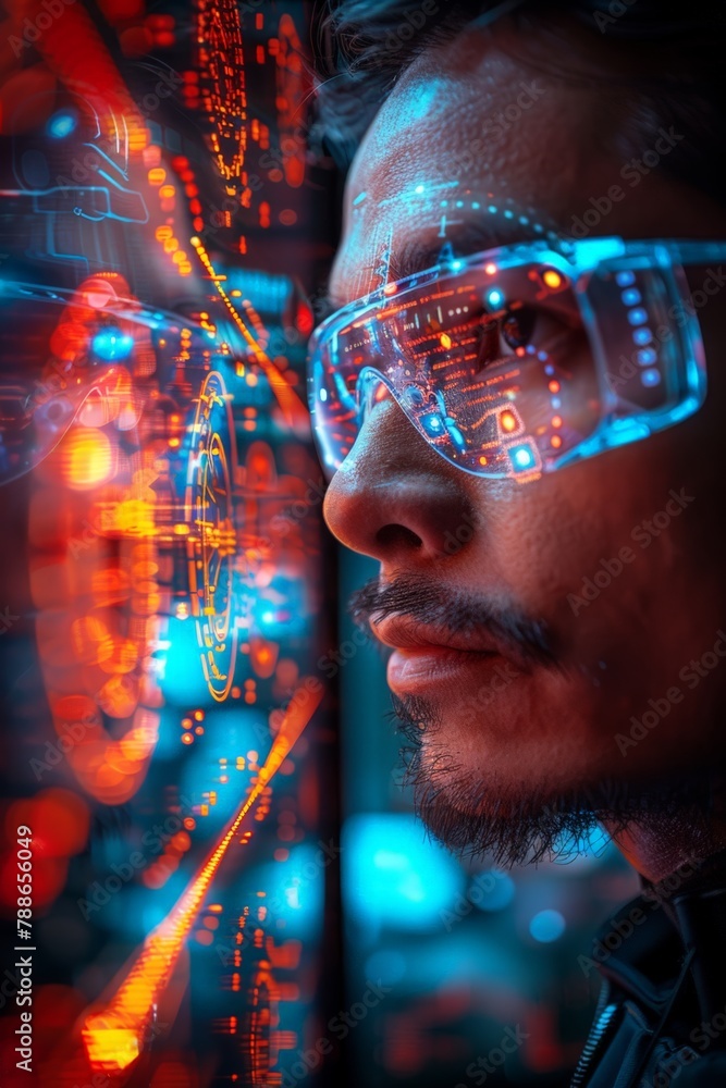 Poster cybersecurity expert analyzing encrypted data on high fidelity screen