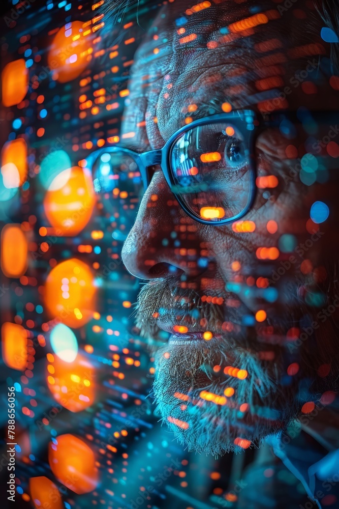 Poster cybersecurity expert analyzing encrypted data on high fidelity monitor