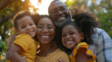copy space, stockphoto, Happy multigenerational family of four smiling at the camera, with father and mother holding young children aged around five or six with curly hair. The grandpa is older than d - Powered by Adobe