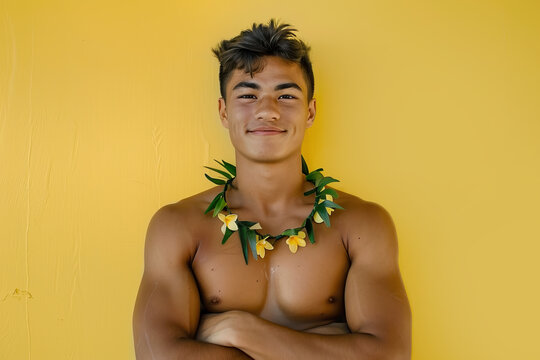 Fototapeta Happy native hawaiian young man wearing a traditional lei in neck on yellow background.
