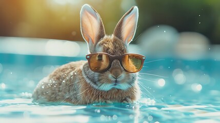 cute bunny rabbit enjoy water by the pool for summer in googles - obrazy, fototapety, plakaty