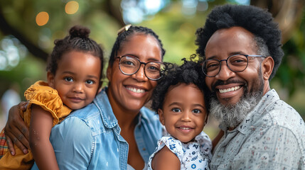 copy space, stockphoto, Happy multigenerational family of four smiling at the camera, with father and mother holding young children aged around five or six with curly hair. The grandpa is older than d - obrazy, fototapety, plakaty