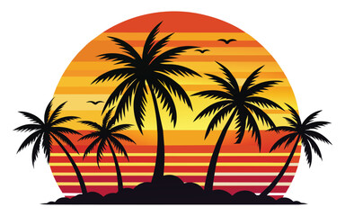 Tropical Sunset Palm Silhouette Vector. Exotic Beach Sunset Palms Vector Graphic. Palm Tree Horizon Sunset Vector Illustration