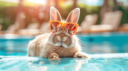 cute bunny rabbit enjoy water by the pool for summer in googles - obrazy, fototapety, plakaty