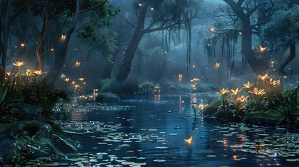 Foto op Plexiglas Fireflies at night in a swamp in tropical forest. Fairy landscape with waterlilies, trees and rocks. Modern illustration of wetlands or wild jungle areas with rivers or ponds. © Manzoor