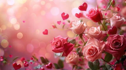 Romantic Valentine's Day background with hearts and pink and red roses on a soft pink gradient, conveying love and affection