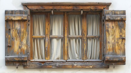 The wooden window frame with curtain is isolated on a white background in a vintage style