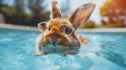 cute bunny rabbit swiming by the pool for summer in googles - obrazy, fototapety, plakaty