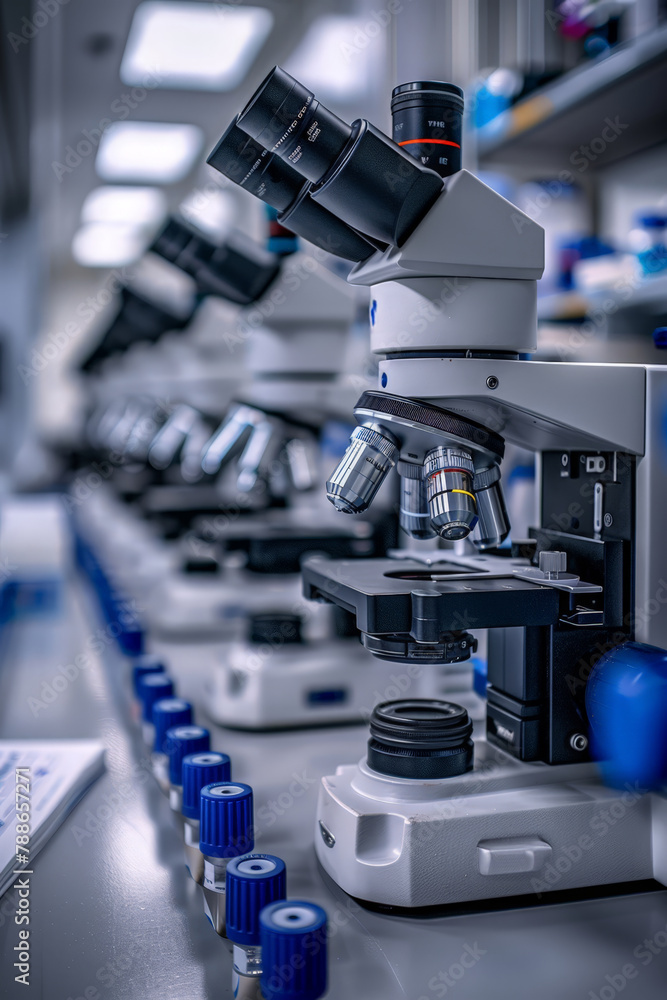 Poster row of microscopes on table in biotech lab