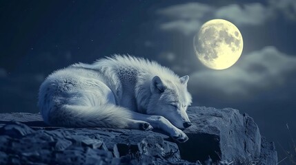 Fototapeta premium Arctic wolf sleeps at night on a hill in the moonlight, Canis lupus arctos, Polar wolf or white wolf