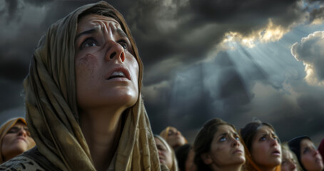People, god and salvation or heaven hope for Christianity religion for group community, faith or apocalypse. Women, looking up and sky for redemption on battlefield, day of judgment or armageddon