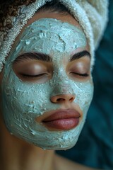 Fototapeta premium Woman wearing face mask and towel on head