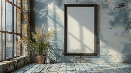A blank horizontal picture frame stands on a white concrete wall and rests on a vintage floor