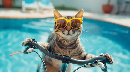 cute cat riding a bike by the pool for summer in googles - obrazy, fototapety, plakaty