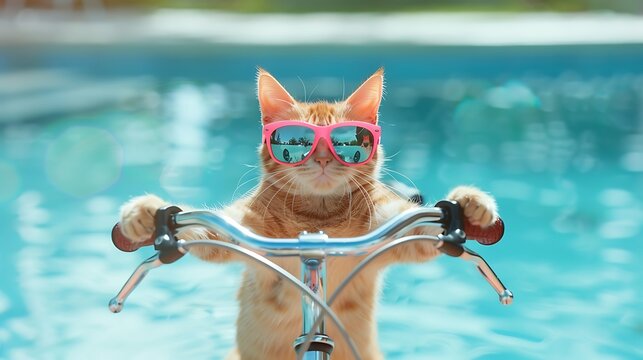 cute cat riding a bike by the pool for summer in googles
