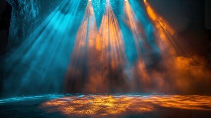 Stage curtain ray spotlight theatre entertainment, a dance of spotlights in atmospheric smoke,...