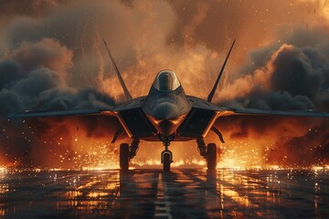 Heat and Power Capture the intense heat and power of the F22 jets engines as it prepares for takeoff, with the exhaust glowing redhot and emitting sparks, creating a dramatic and dynamic scene 8K , hi - obrazy, fototapety, plakaty
