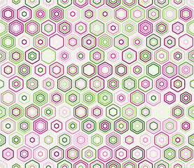 Hexagon pattern geometric design. Bold stacked rounded hexagons mosaic cells. Hexagon pattern. Multiple tones color palette. Seamless pattern. Tileable vector illustration.