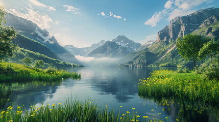 A breathtaking scene of a serene lake surrounded by majestic mountains, lush green meadows, and a clear sky, reflecting nature's beauty and peacefulness.