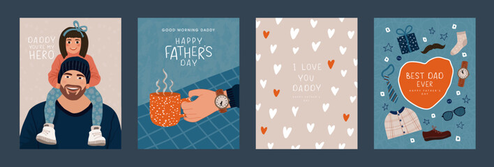 Happy father's day, set of vector postcards. Flat illustration of a little girl sitting on her father's shoulders,man's hand with cup, items of clothing,men's accessories. Cute fun design for greeting