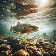 Sunlit Serenity: A Speckled Trout&rsquo;s Underwater Dance Amidst Vibrant Pebbles in a Clear Stream