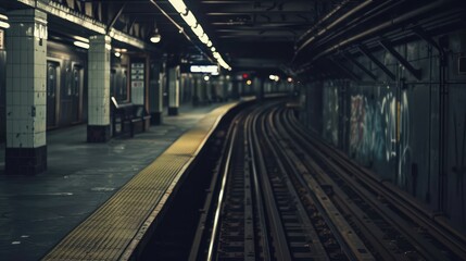 Empty subway platform with tracks extending into the darkness, signifying urban decay and neglect.
